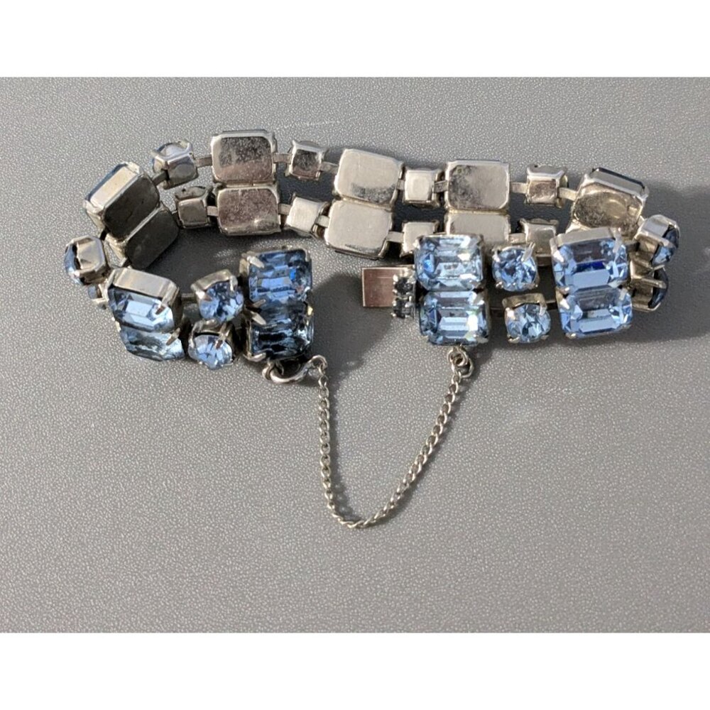 Vintage Silver Tone Blue Crystal Bracelet With Safety Clasp - Picture 8 of 9